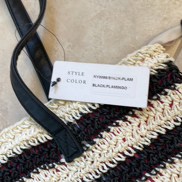 Lilac+Black Striped Straw Flamingo Shoulder Tote - Picture 3 of 5